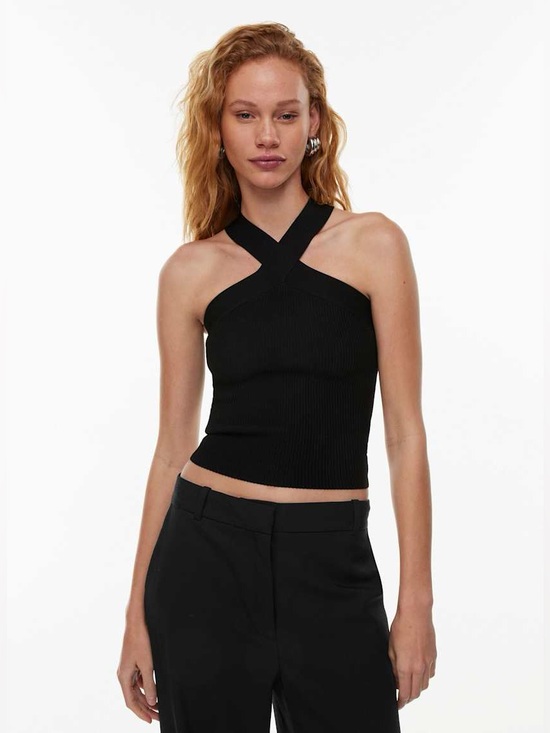 Aritzia Tops - Aritzia Black Ribbed Cross-Halter Crop Top